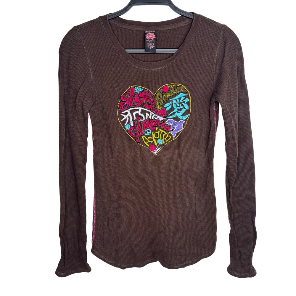 Y2K Lucky Brand Brown Waffle Knit Long Sleeve Embroidered Heart Love‎ Size S